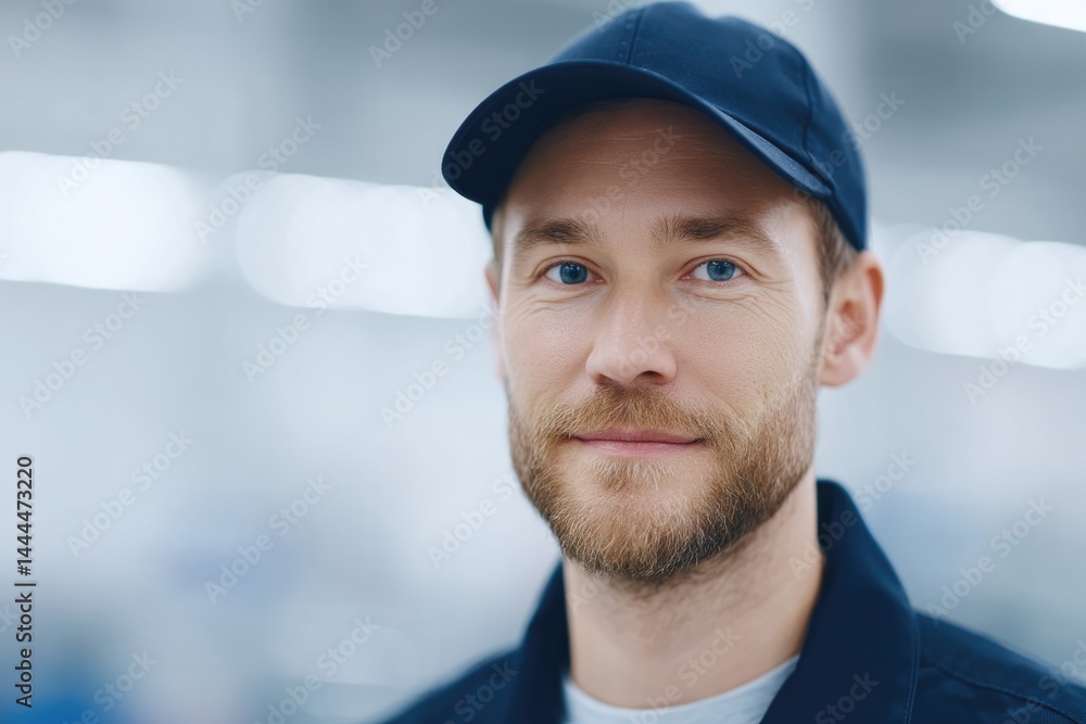 Poster portrait of auto mechanic at work with blurred background and minimalistic composition