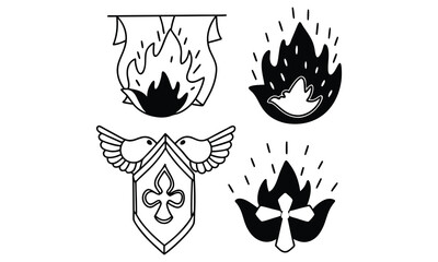 Religious symbols Church, flames, doves, hands, and wings.