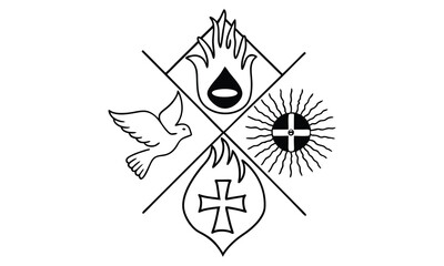 Religious symbols Church, flames, doves, hands, and wings.