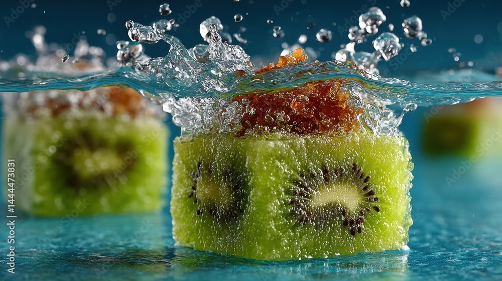 Poster fresh kiwi cubes splashing into water with water droplets and a refreshing vibe