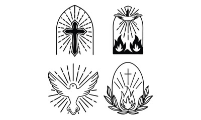 Religious symbols Church, flames, doves, hands, and wings.