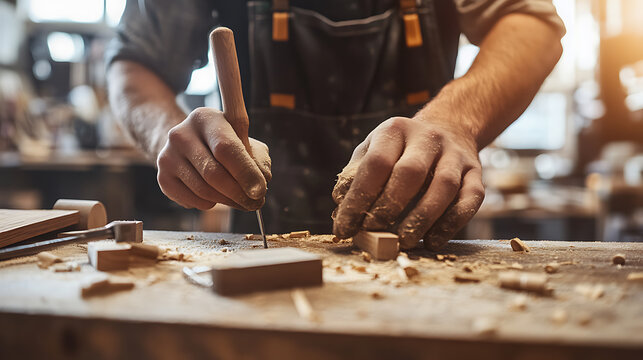 Carpenter Working with Chisel in Workshop