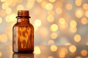 Amber glass bottle on reflective surface with bokeh lights creating a warm and inviting atmosphere, Amber glass bottle on reflective surface with bokeh lights in background