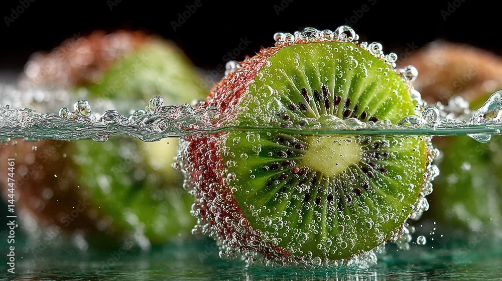 Poster fresh kiwi slices submerged in water with bubbles, macro close up photography.