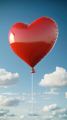 Fototapeta premium Red heart balloon floating in blue sky with fluffy white clouds, symbolizing love, happiness, and freedom, creating cheerful and uplifting atmosphere