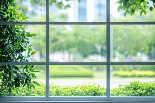 Fototapeta Outdoors view through a window with plants  Green foliage fills the frame,  blending with a blurred cityscape  Sunlight streams through clear glass
