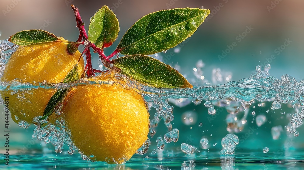 Aufkleber Fresh lemons with leaves splashing into water creating refreshing summer vibes.