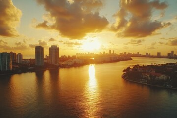 Obraz premium Vibrant sunset over Edgewater Miami showcasing skyline and shimmering water reflections, Aerial lateral b roll footage Edgewater Miami awesome sunset