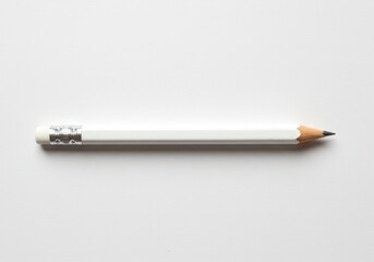 A simple white pencil with an eraser on a white background showing a minimalist design and clean aesthetic