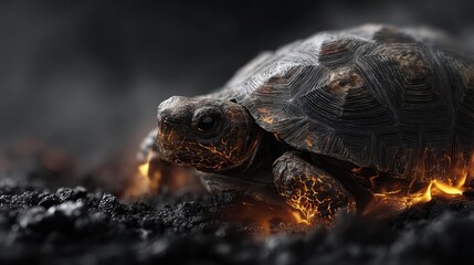 Naklejka premium Endangered species lost due to burned wildlife concept. A stunning turtle emerges from glowing volcanic terrain.