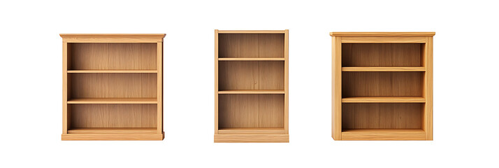 Three different types of wooden bookshelves isolated on white background PNG. GENERATIVE AI