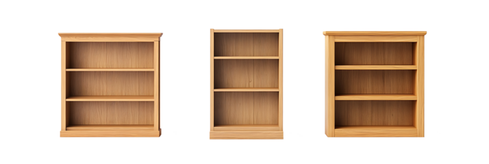 Three different types of wooden bookshelves isolated on white background PNG. GENERATIVE AI
