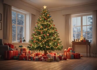 Magnificent decorated Christmas tree, glowing lights, pile of presents ,  beautiful,  winter,  merry christmas