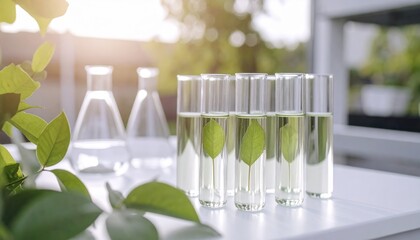 Scientific Research Green Leaves in Test Tubes with Clear Liquid Botanical Study in a Laboratory Setting