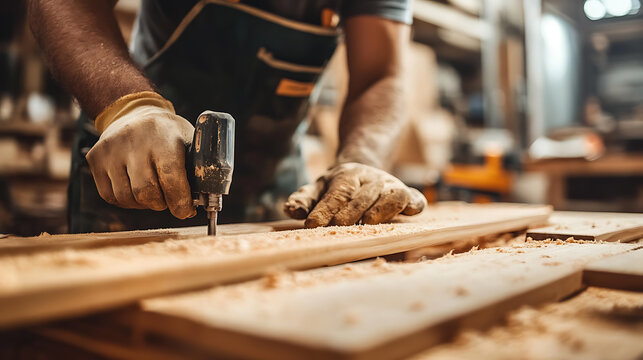 Carpenter Using a Drill in Workshop