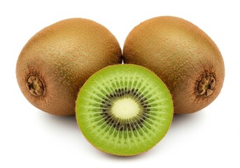 Fototapeta premium Two whole kiwis with one sliced kiwi showing green flesh and black seeds on a white background