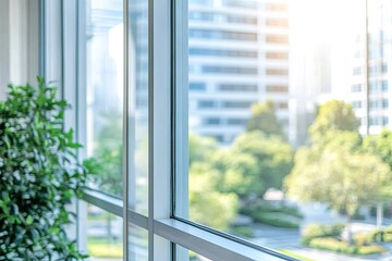 Cityscape view through large windows, a plant sits by the glass