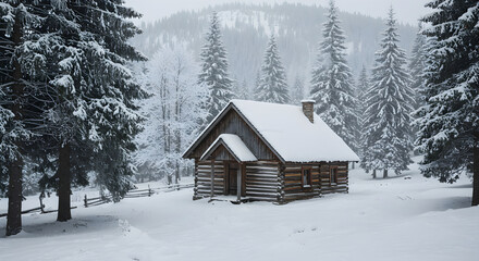 Naklejka premium Secluded Cabin In Winter Wonderland Surrounded By Snowy Pines