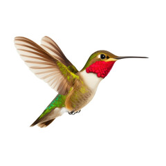 Fototapeta premium Stunning realistic illustration of a colorful hummingbird in flight with detailed feathers and vibrant colors isolated on white background