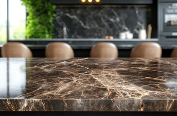 Sleek dark brown marble countertop with blurred modern kitchen background  High-gloss finish  Brown leather barstools  Dark cabinetry  Plants  Natural light