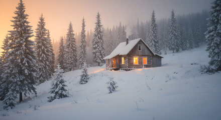 Cozy Cabin Retreat Nestled In Snowy Winter Wonderland Landscape