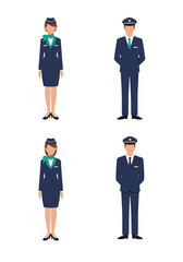 A simple flat design set of 4 flight attendant characters (2 male, 2 female) with colorful uniforms on a clean white background, front-facing.