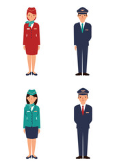 A simple flat design set of 4 flight attendant characters (2 male, 2 female) with colorful uniforms on a clean white background, front-facing.
