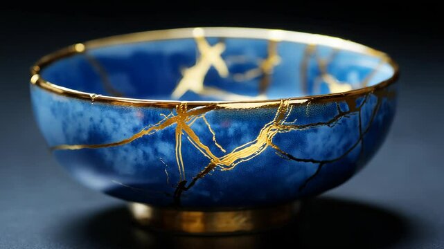 Blue ceramic bowl repaired with golden seams using the kintsugi method, art and craft concept.