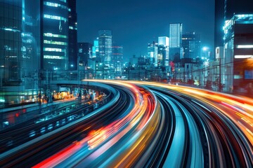 Fototapeta premium High speed train navigating through vibrant urban cityscape at night in a bustling metropolis, High Speed Train Racing Through Urban Cityscape