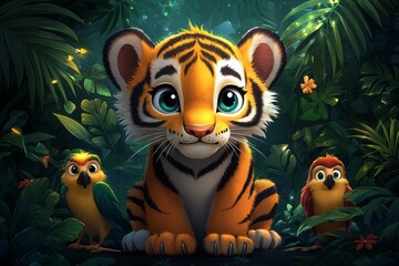 Cute tiger cub jungle friends nighttime
