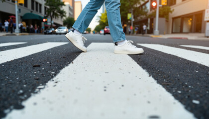 Feet crossing urban crosswalk under traffic light, daily commute