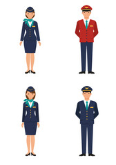 A simple flat design set of 4 flight attendant characters (2 male, 2 female) with colorful uniforms on a clean white background, front-facing.