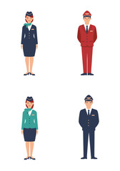 A simple flat design set of 4 flight attendant characters (2 male, 2 female) with colorful uniforms on a clean white background, front-facing.