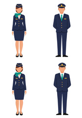 A simple flat design set of 4 flight attendant characters (2 male, 2 female) with colorful uniforms on a clean white background, front-facing.
