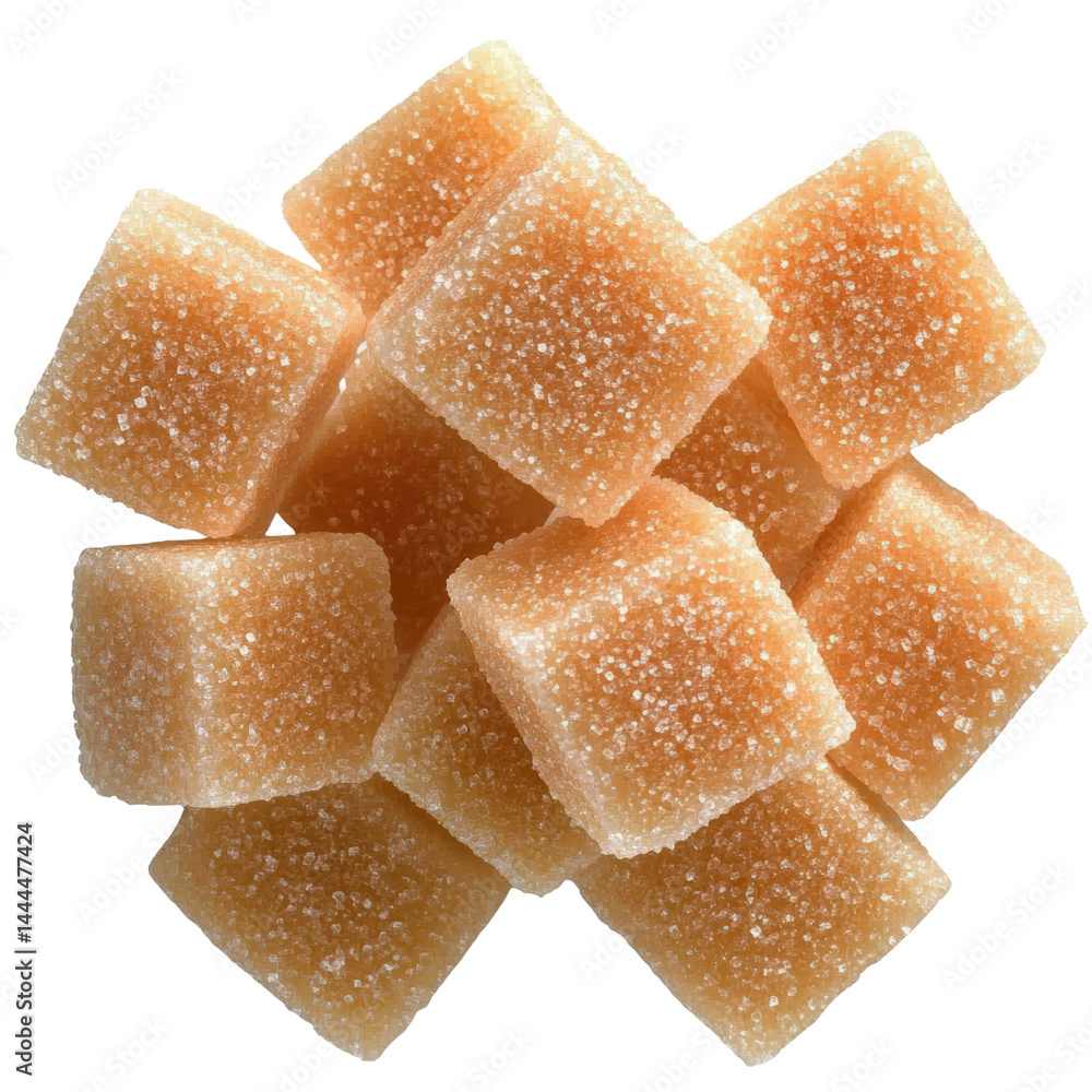 Poster close-up of golden brown sugar cubes with granular texture arranged in a cluster on a white backgrou