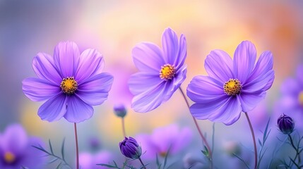 Fototapeta premium A bunch of purple flowers blooming in a meadow, against a clear sky