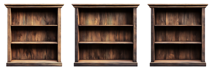 Three different types of wooden bookshelves isolated on white background PNG. GENERATIVE AI