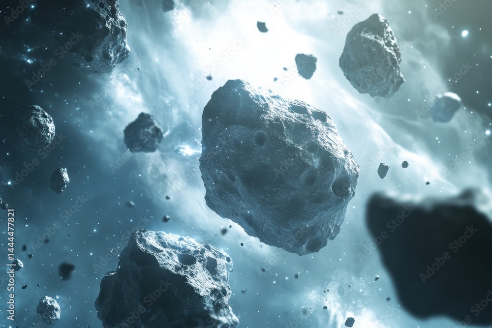 Poster mining operations in an asteroid belt showcase advanced technology and resource extraction methods, 