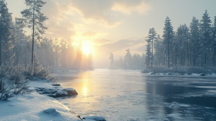 Winter sunrise over a frozen river in a snowy forest.  A tranquil scene of icy beauty with a sun breaking through the clouds, casting a warm glow over the frozen water and snow-covered trees