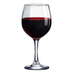 Elegant clear glass wine glass filled with deep red wine standing upright on a white background with reflections and transparency details