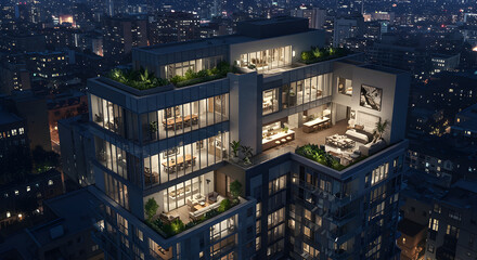 Luxury Penthouse At Night With Green Roofs And City Views