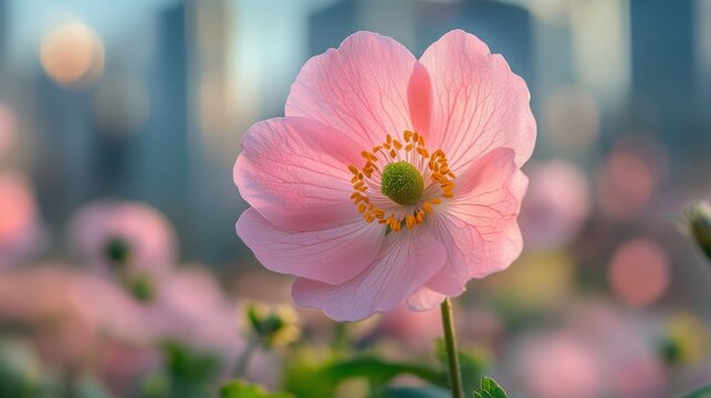A close-up of a soft pink flower blooming in a garden