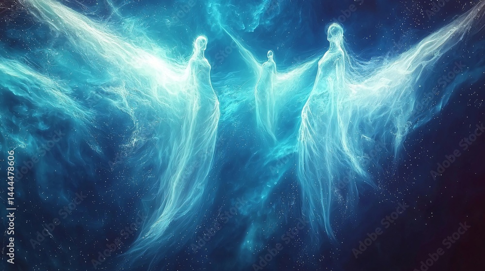 Poster two majestic angels gracefully floating in the sky, creating a surreal and dreamlike scene with a so