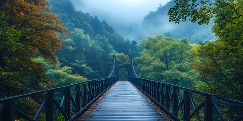 Fototapeta premium Misty Mountain Bridge: A Serene Autumnal Walk