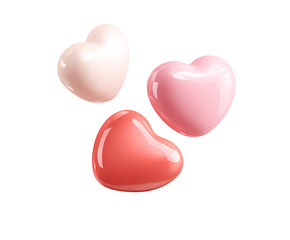 Obraz premium Three Glossy Heart Shapes in Pink Coral and Peach Tones on transparent background. Heat icon.