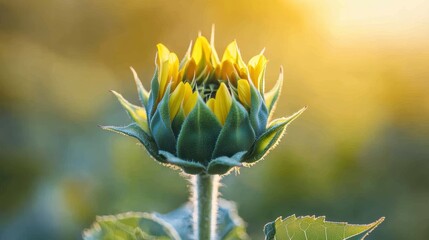 A close-up of a blooming sunflower with vibrant yellow petals and a green stem