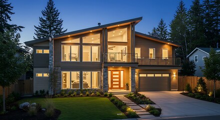 Fototapeta premium Warm interior and exterior lights illuminate a striking contemporary home with an angled roofline as twilight settles. Tall trees frame the scene.