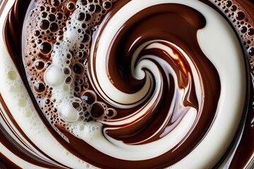 High-angle full-frame shot of choco and milk swirling together, featuring frothy foam bubbles and creating a captivating abstract pattern. 