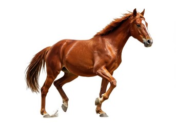 Naklejka premium A chestnut horse with a white blaze running on a white background in a dynamic and powerful pose