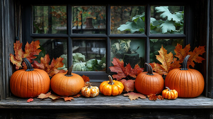Pumpkins and fall leaves on a window sill Autumnal ambiance with gourds and leaves in warm rustic tones